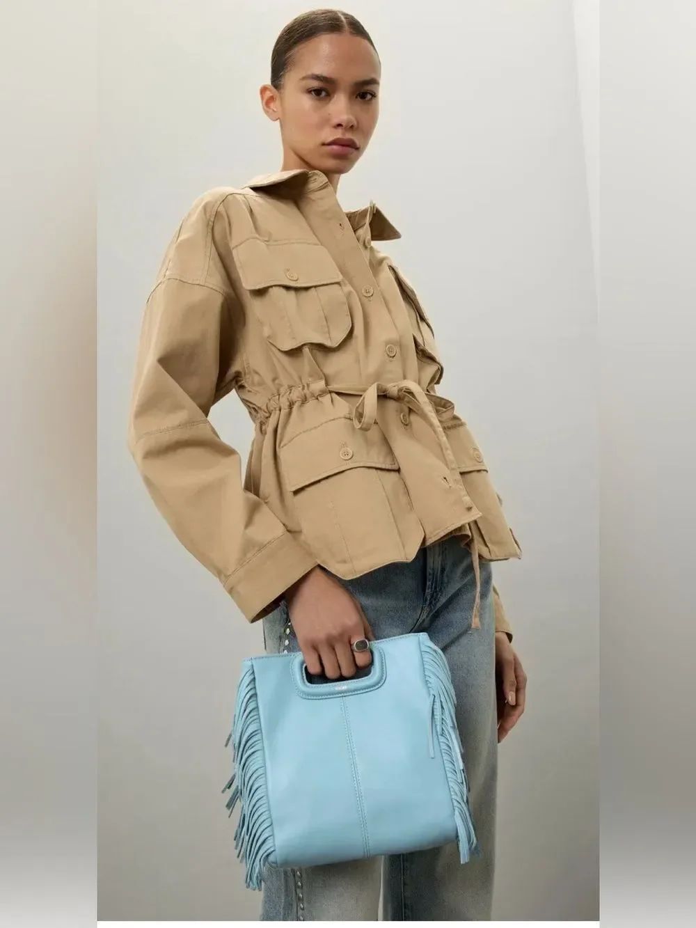Maje Blue Leather M top-handle bag with fringe and an embossed leather